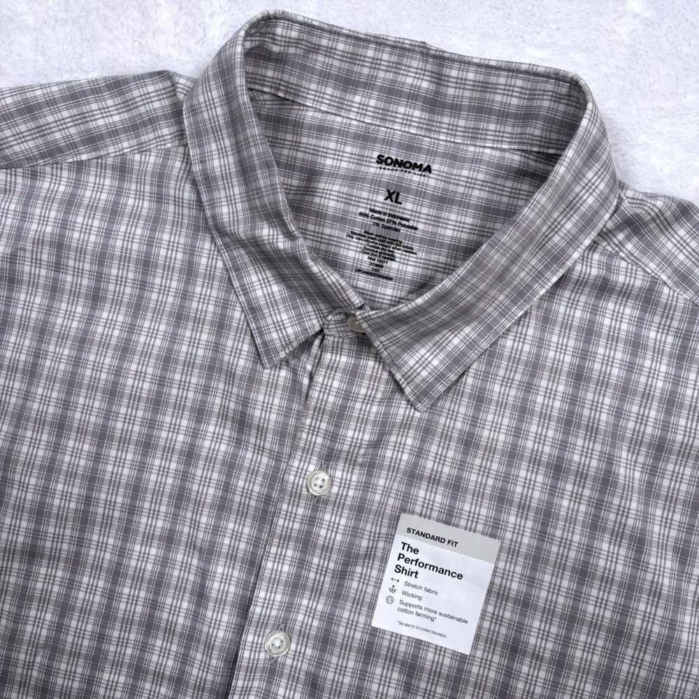 NEW Sonoma Performance Shirt Men XL Grey Plaid Stretch Wicking Short Sleeve Gift